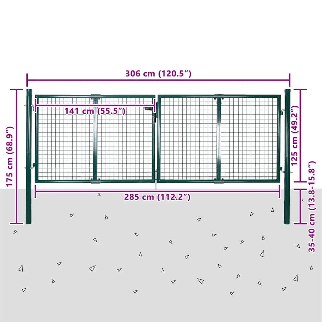 Cancello per Recinzione in Acciaio 300x125 cm Verde Scuro