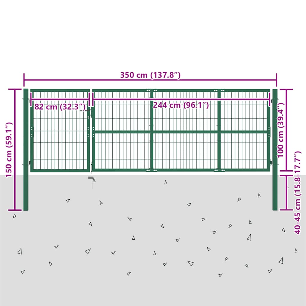 Cancello per Recinzione da Giardino con Pali 350x100 cm Acciaio Verde