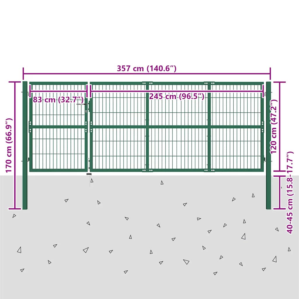 Cancello per Recinzione da Giardino con Pali 350x120 cm Acciaio Verde