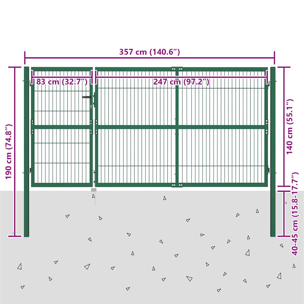 Cancello per Recinzione da Giardino con Pali 350x140 cm in Acciaio Verde