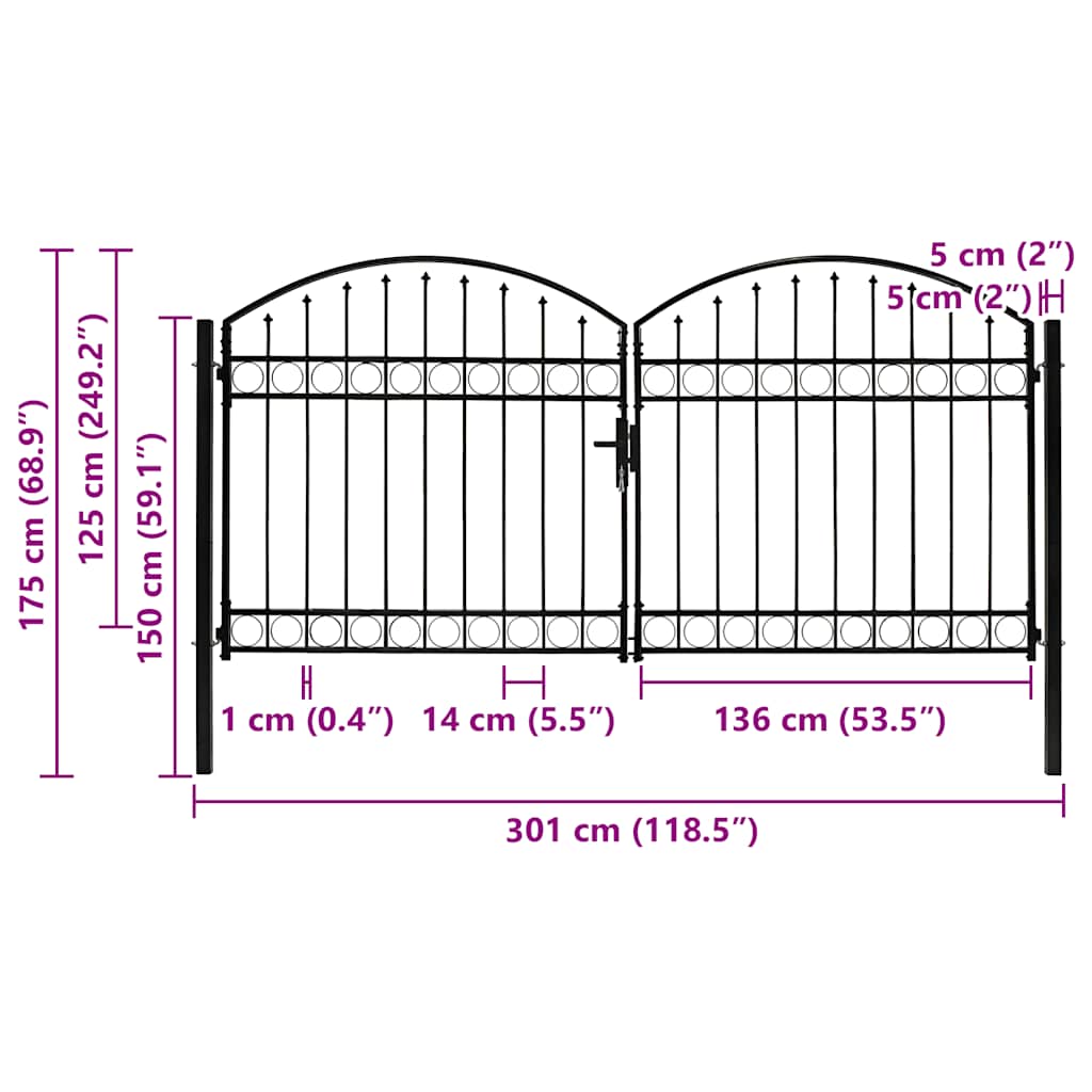Cancello per recinzione ASSEN a doppia anta con arco in acciaio 300x125 cm nero