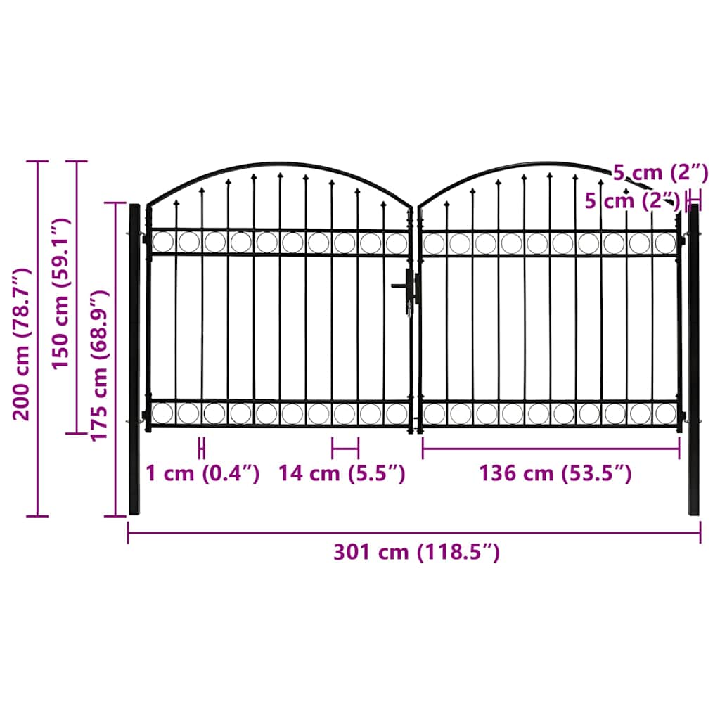 Cancello per recinzione ASSEN a doppia anta con parte superiore ad arco in acciaio 300x150 cm