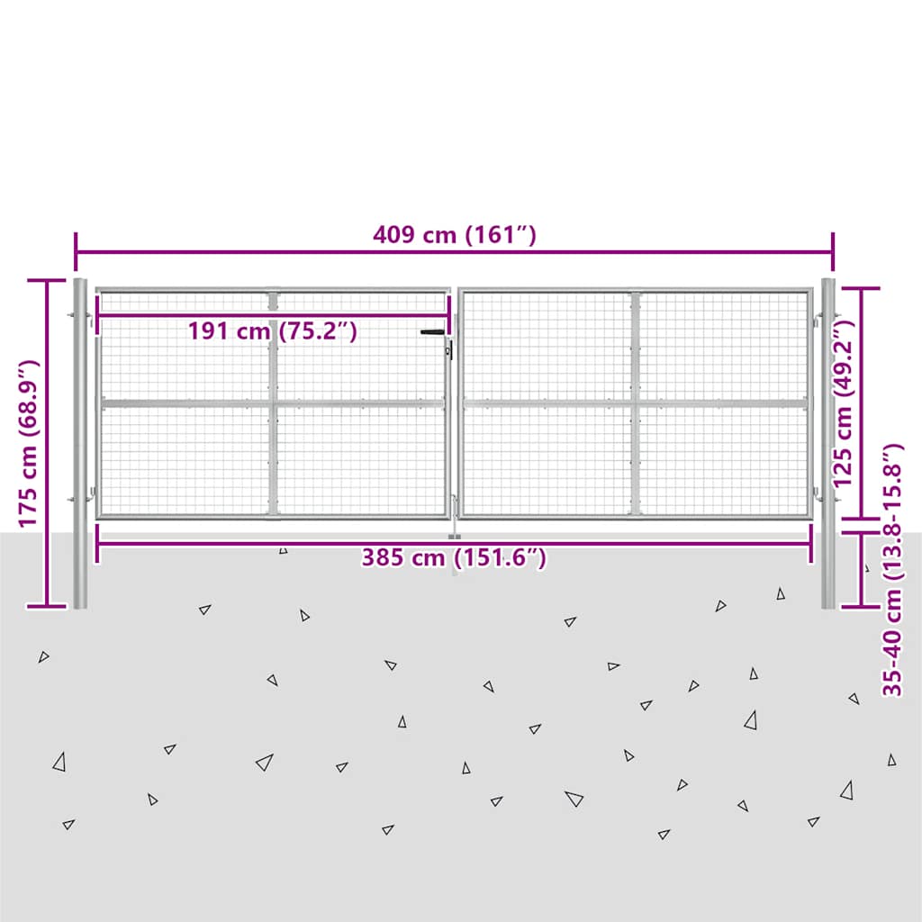 Cancello da Giardino in Acciaio Zincato 400x150 cm Argento