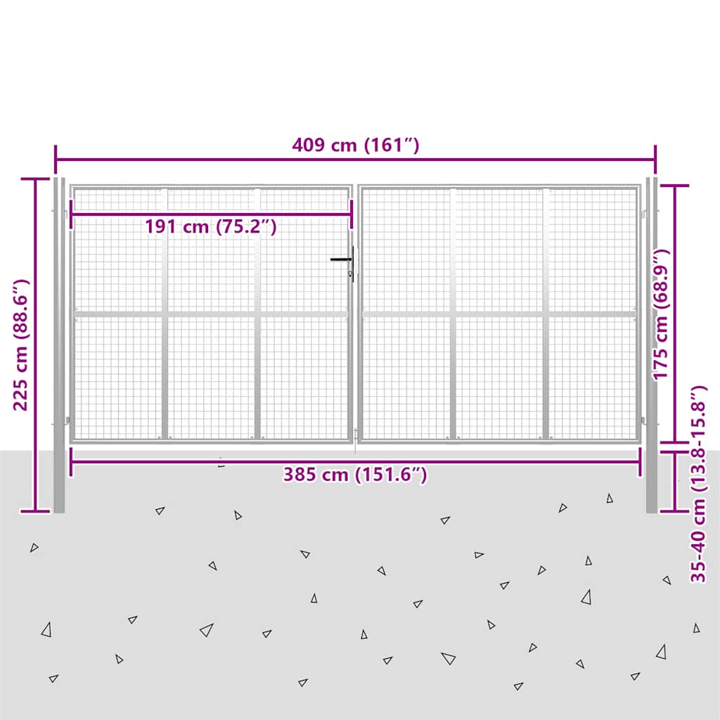 Cancello da Giardino in Acciaio Zincato 400x175 cm Argento