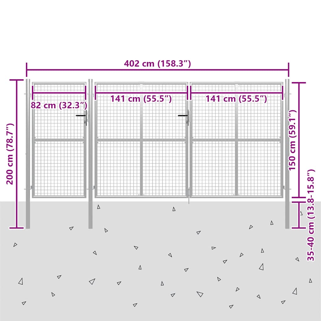 Cancello da Giardino in Acciaio 400x150 cm Argento