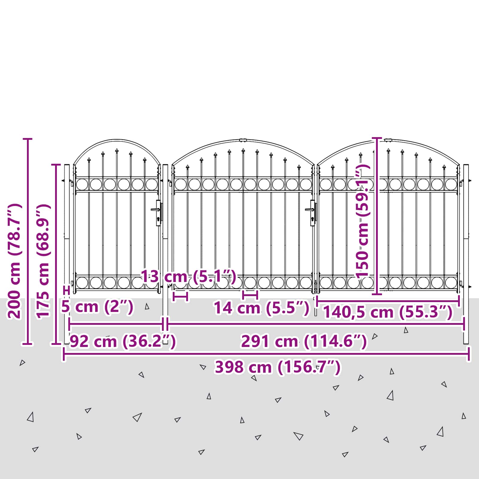 Cancello da Giardino ASSEN con Parte Superiore Arcuata 200x400 cm