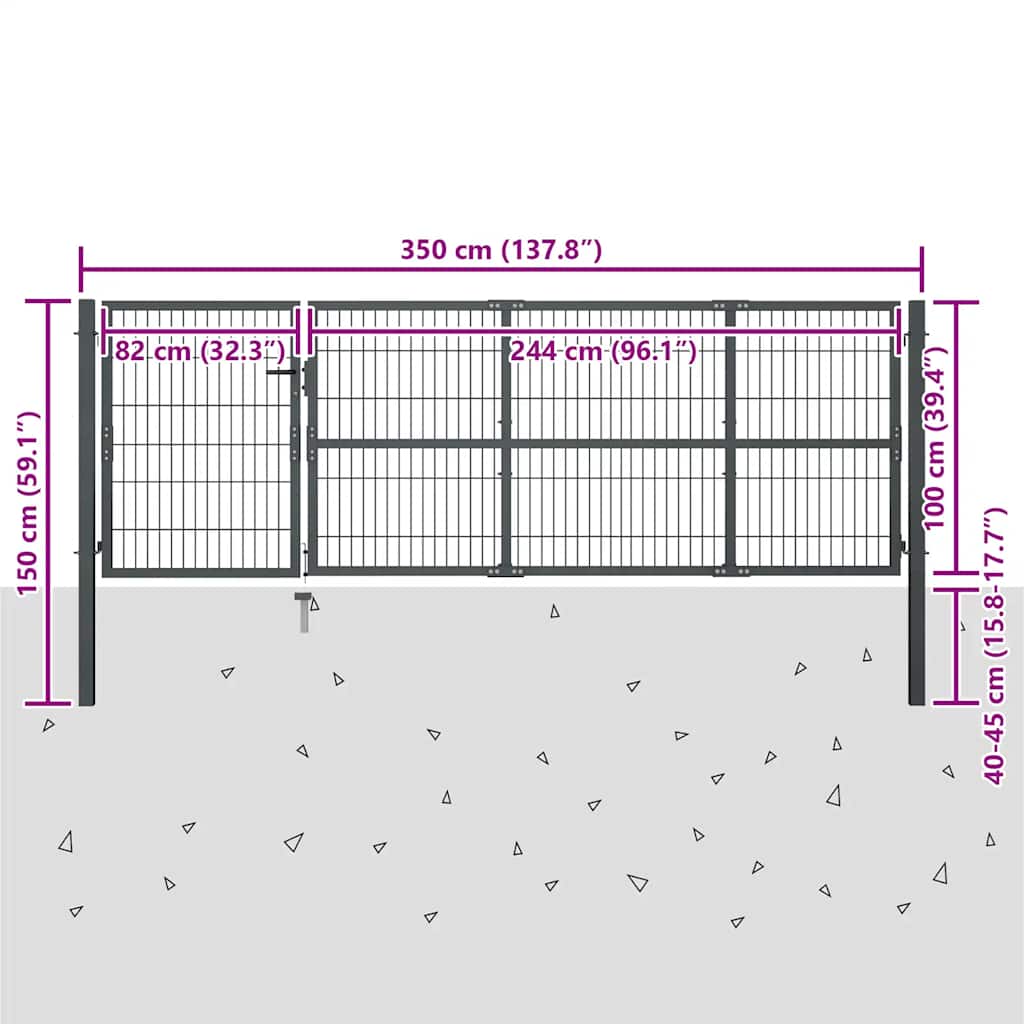 Cancello da Giardino in Acciaio 350x100 cm Antracite con Pali
