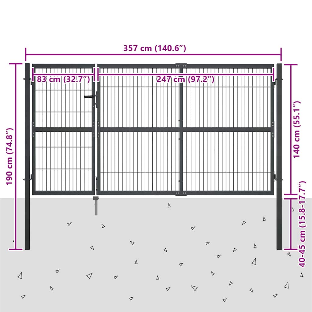 Cancello di Recinzione con Pali in Acciaio 350x140 cm Antracite
