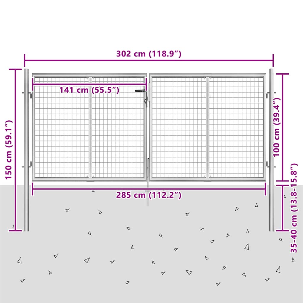 Cancello da Giardino in Acciaio Zincato 300x100 cm Argento
