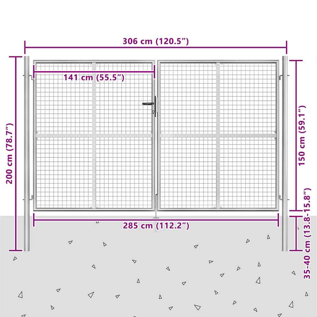 Cancello per Giardino in Acciaio Zincato 306x200 cm Argento