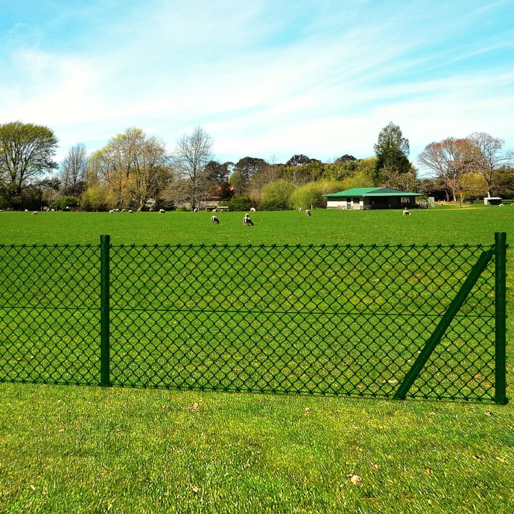 Recinzione a Rete in Acciaio con Pali e Spuntoni 0,8x25 m Verde Muschio