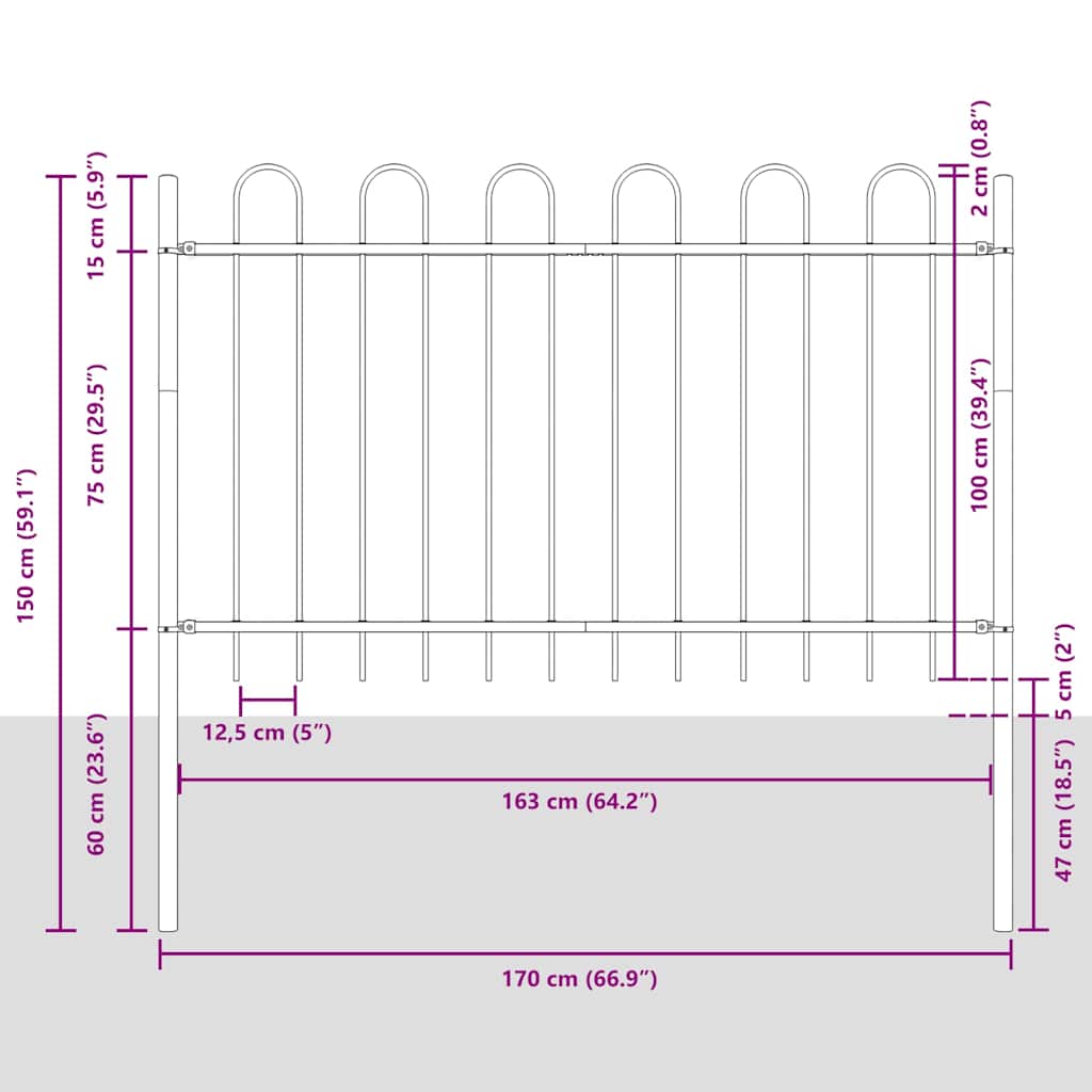 Recinzione da Giardino BOXTEL in Acciaio con Parte Superiore ad Anello 181x100 cm Nero