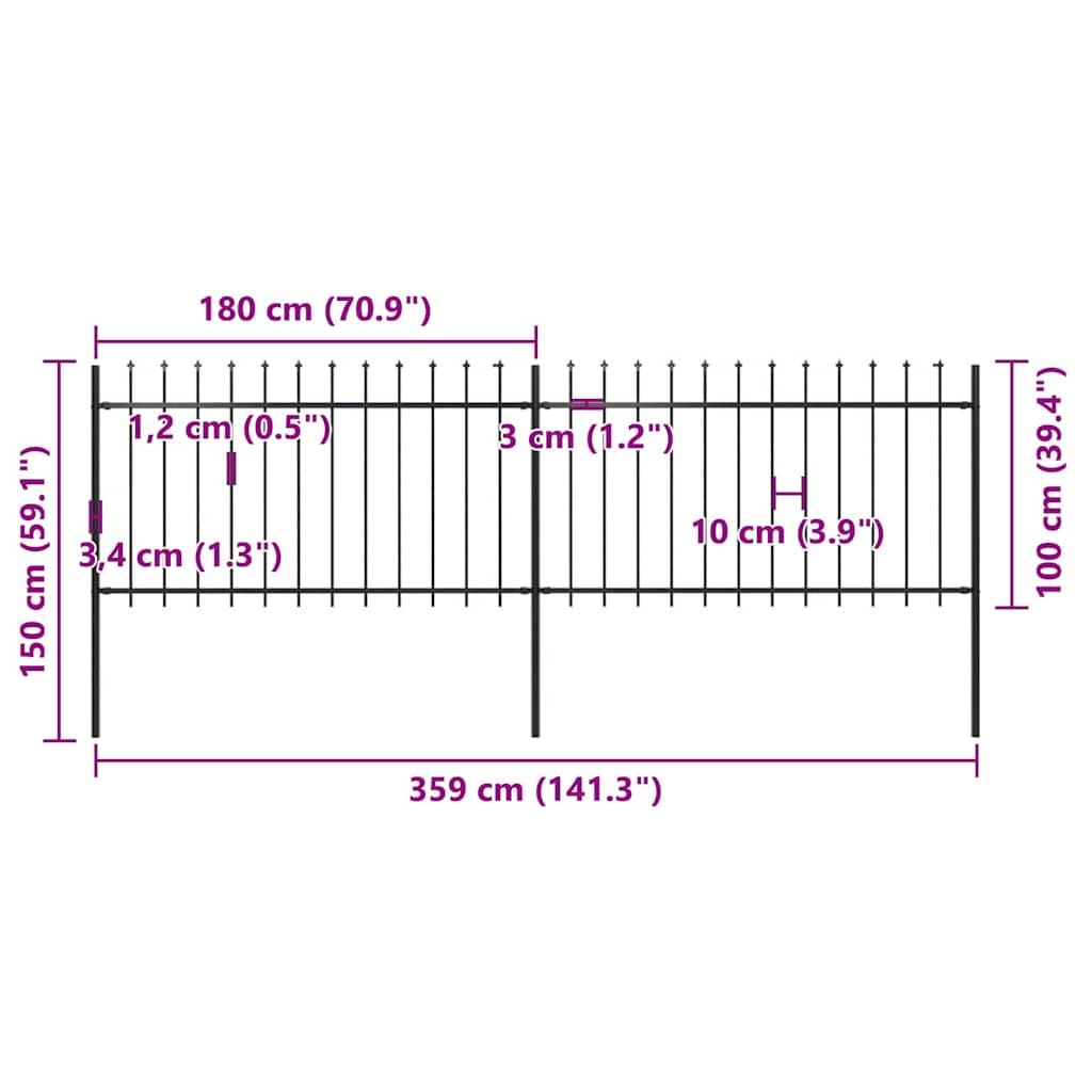 Recinzione da Giardino con Punte a Lancia in Acciaio 359x100 cm Nero