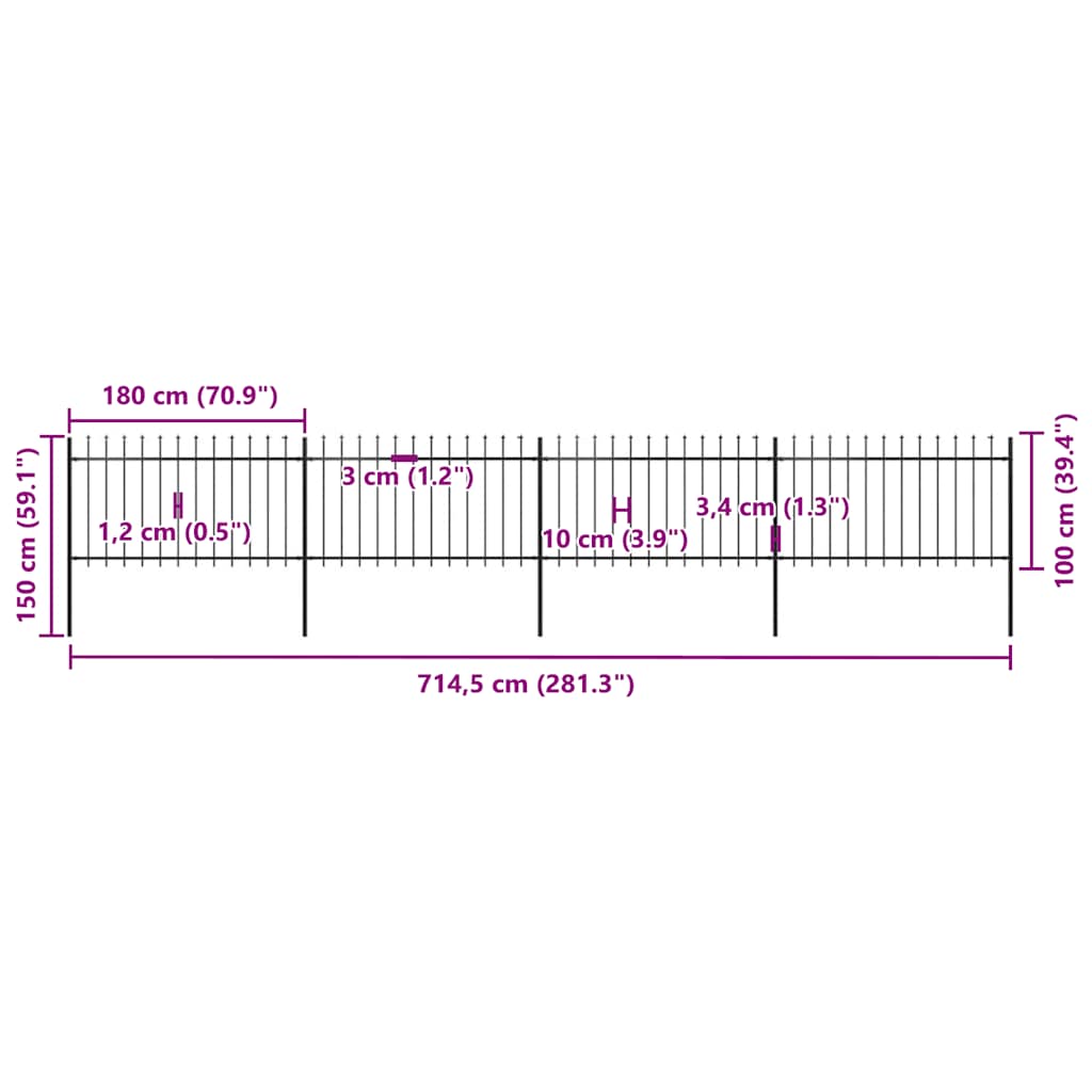 Recinzione da Giardino con Punta a Lancia in Acciaio 714,5x100 cm Nero