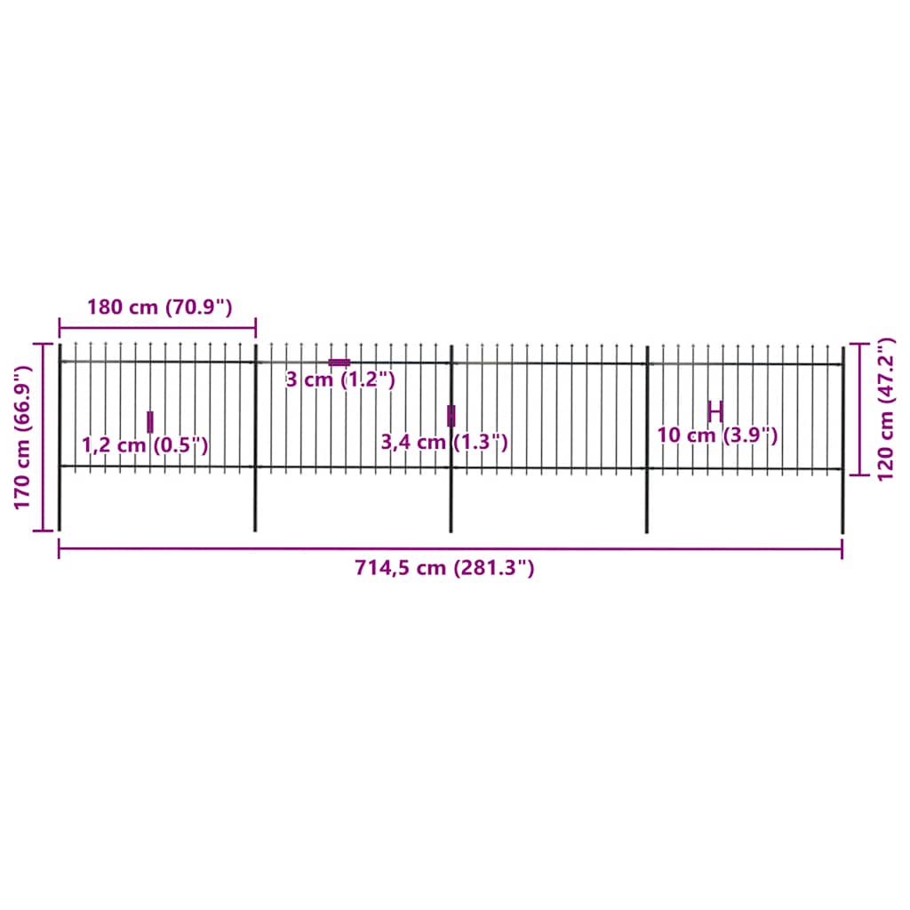 Recinzione da Giardino con Punta a Lancia in Acciaio 714,5x120 cm Nero