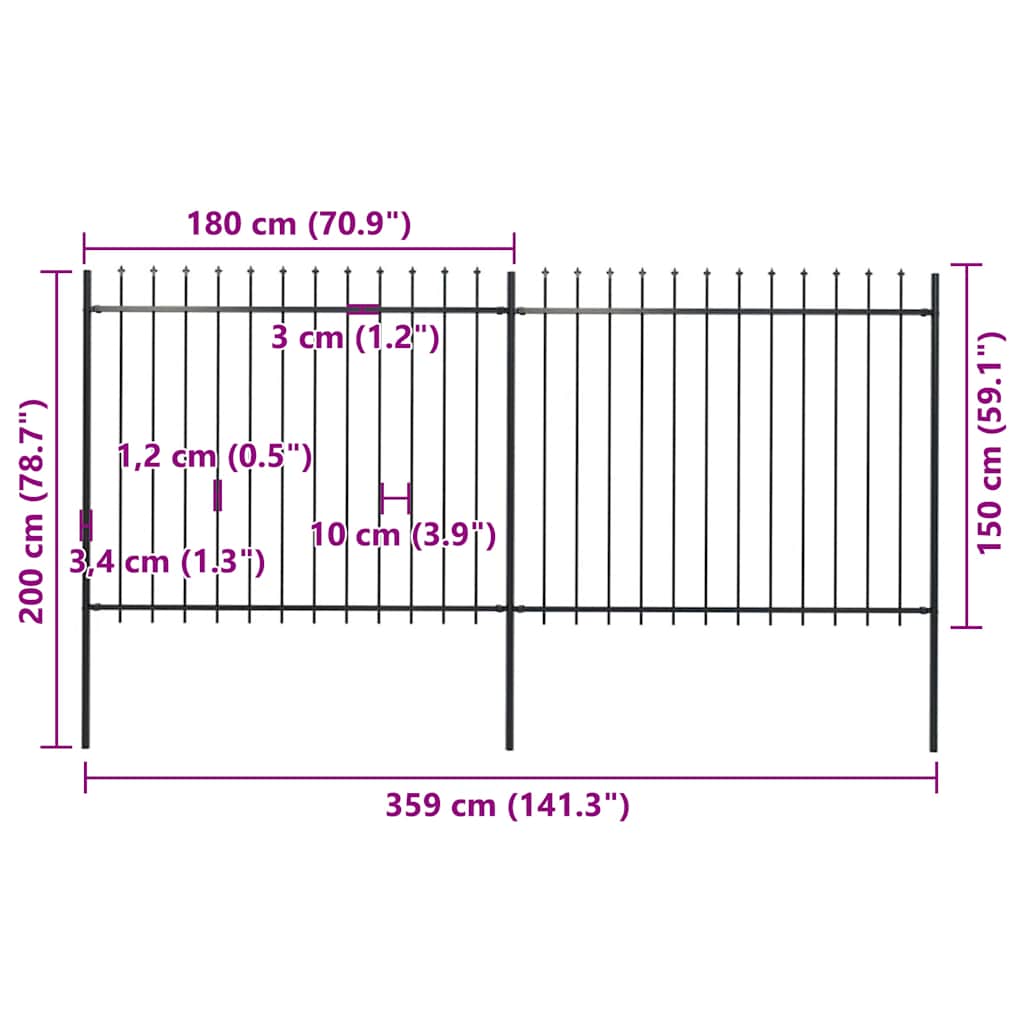 Recinzione da Giardino con Punte a Lancia in Acciaio 359x150 cm Nero