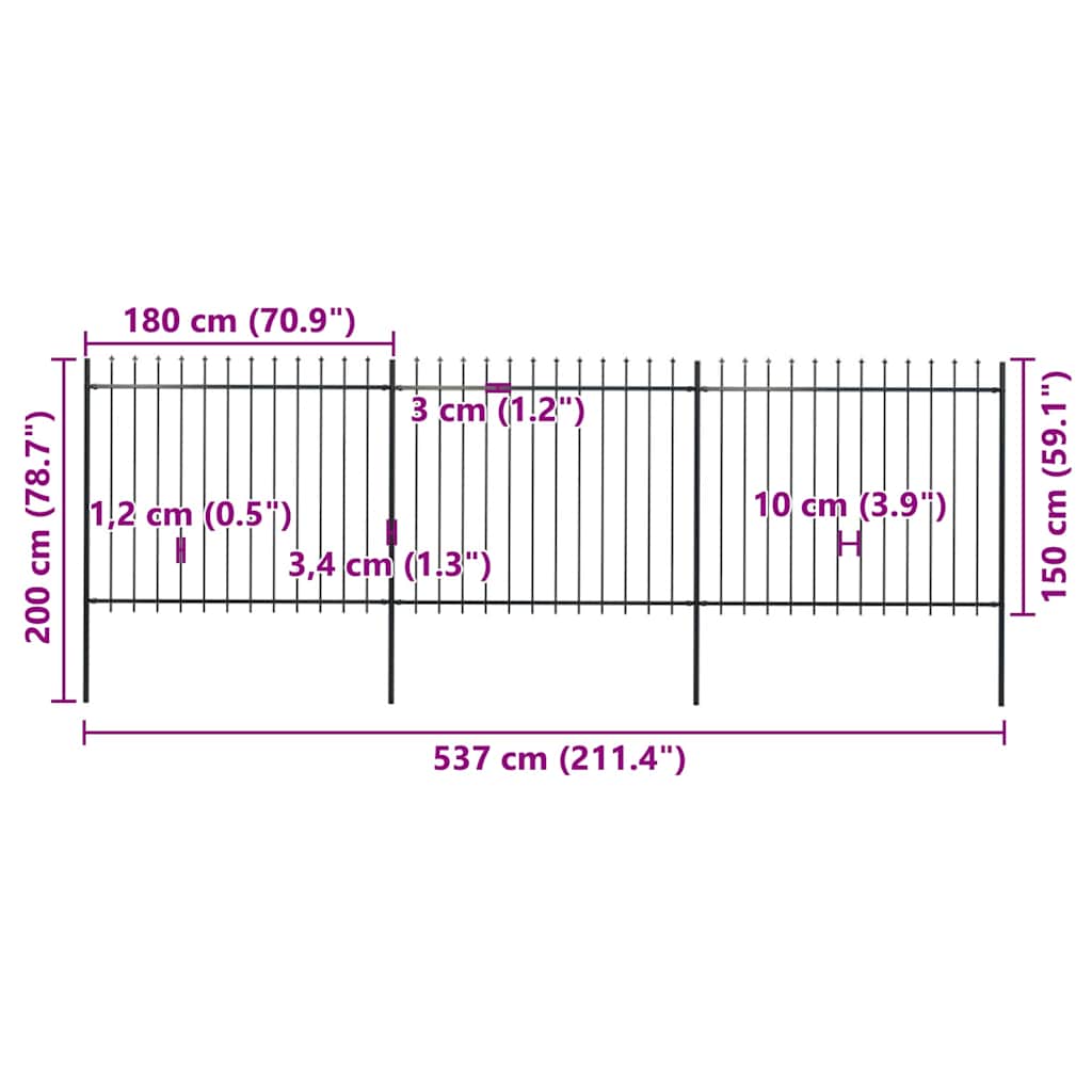 Recinzione da Giardino con Punta a Lancia in Acciaio 537x150 cm Nero