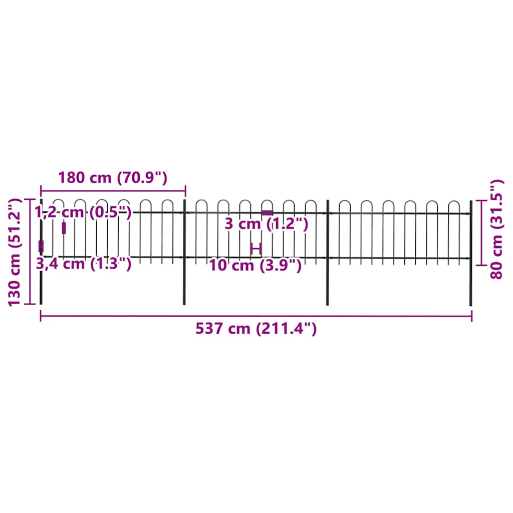 Recinzione da Giardino in Acciaio con Parte Superiore ad Anello 537x80 cm Nera