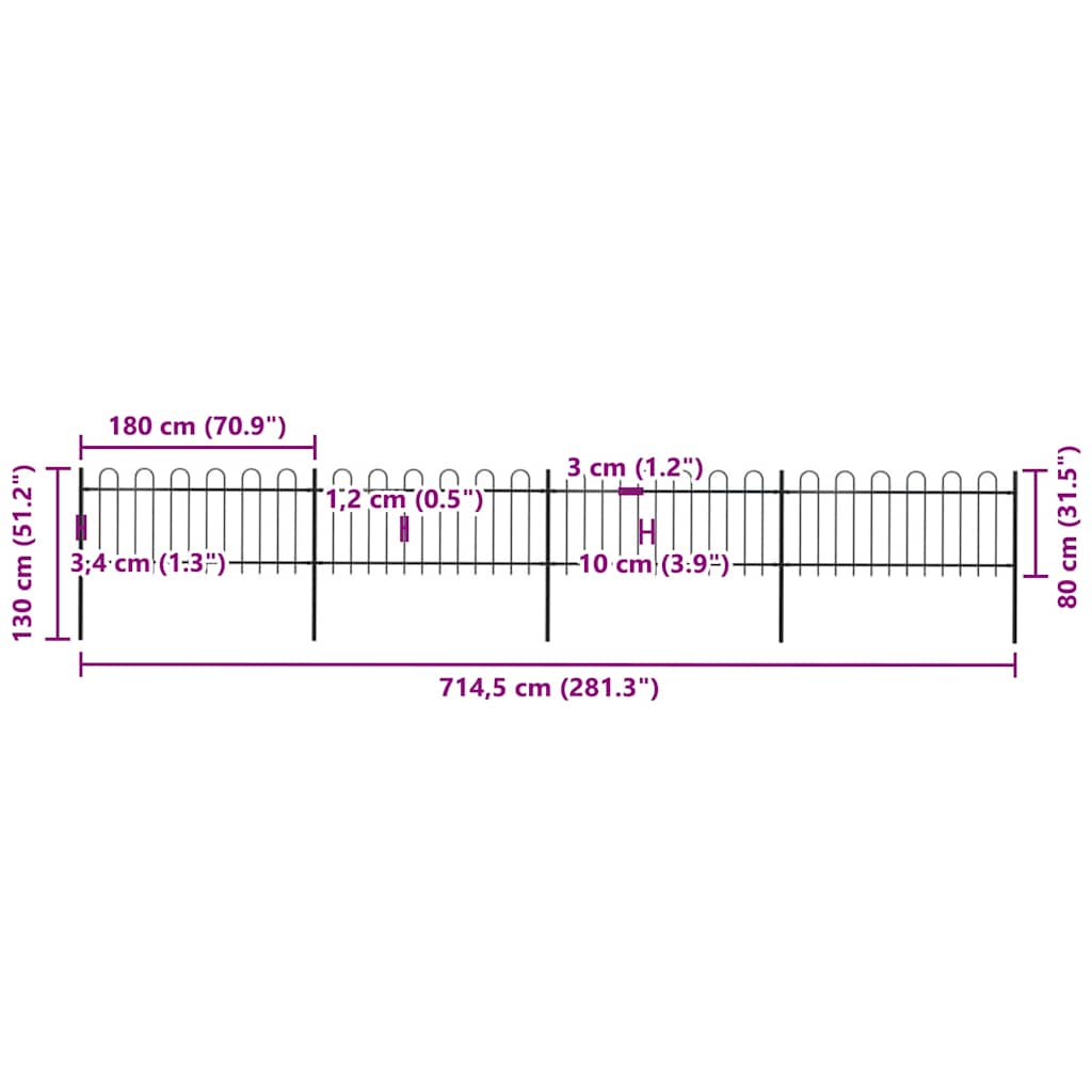 Recinzione da Giardino in Acciaio con Parte Superiore ad Anello 714,5x80 cm Nero