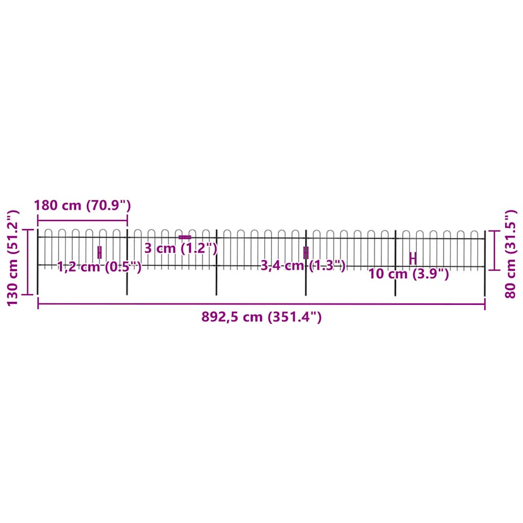 Recinzione da Giardino in Acciaio con Parte Superiore ad Anello 892,5x80 cm Nero