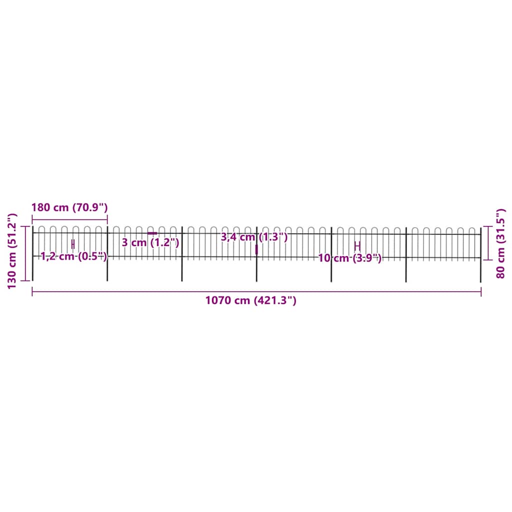 Recinzione da Giardino in Acciaio con Parte Superiore ad Anello 1070x80 cm Nera
