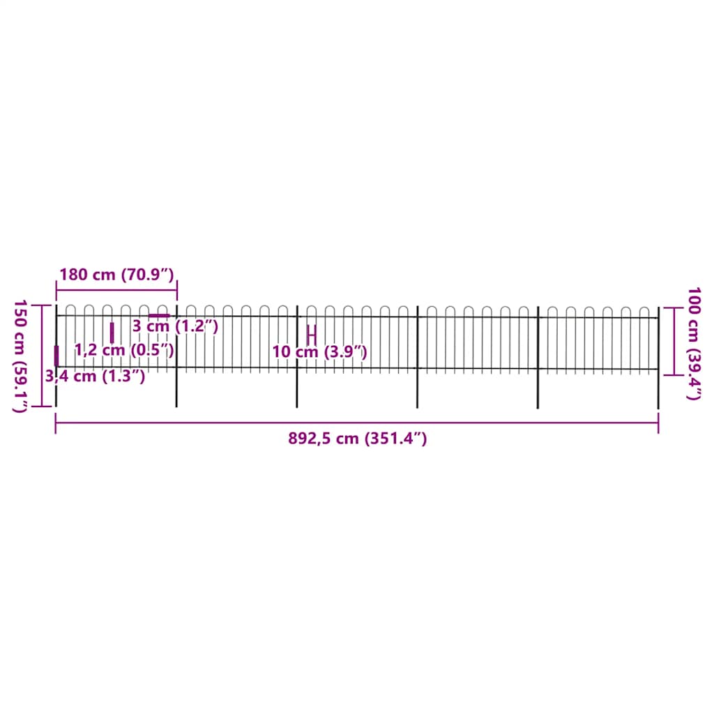 Recinzione da Giardino in Acciaio con Parte Superiore ad Anello 892,5x100 cm Nero