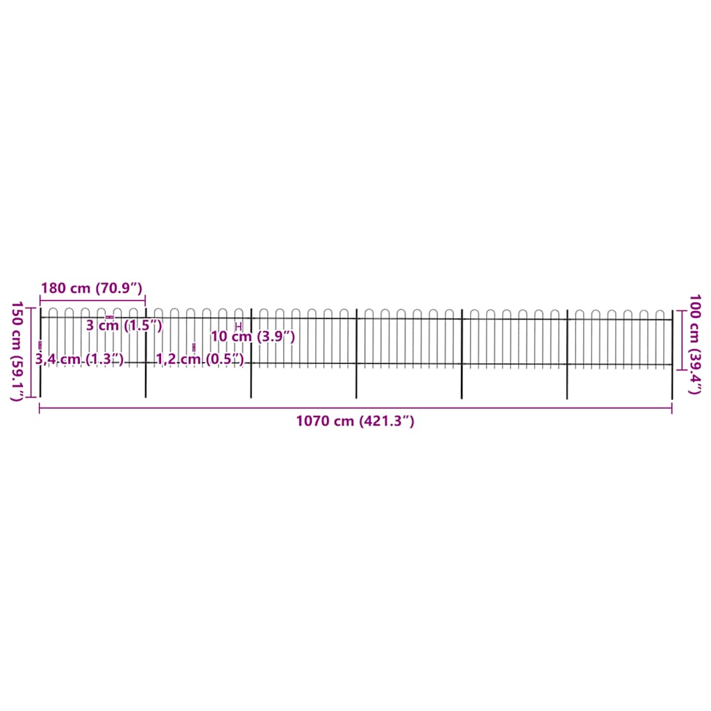 Recinzione da Giardino in Acciaio con Parte Superiore ad Anello 1070x100 cm Nero