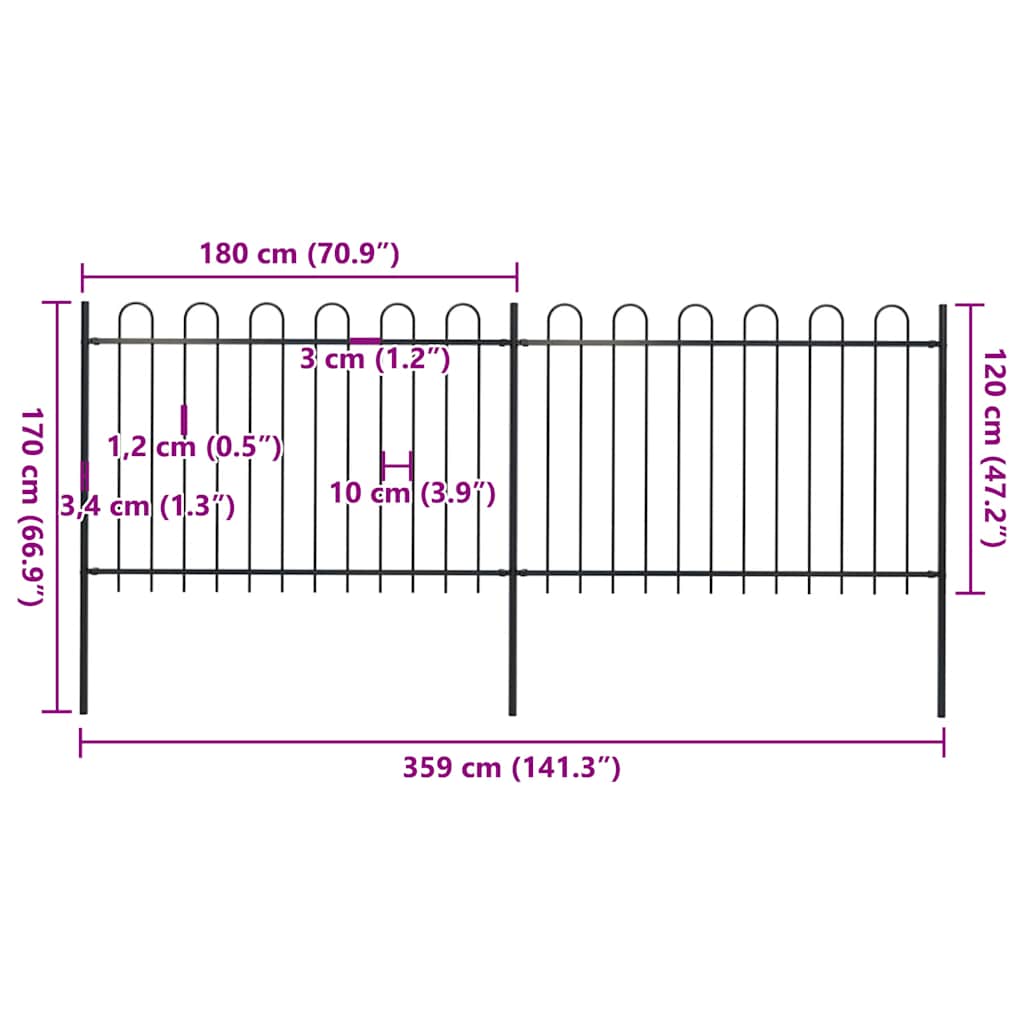 Recinzione da Giardino in Acciaio con Parte Superiore ad Anello 359x120 cm Nera