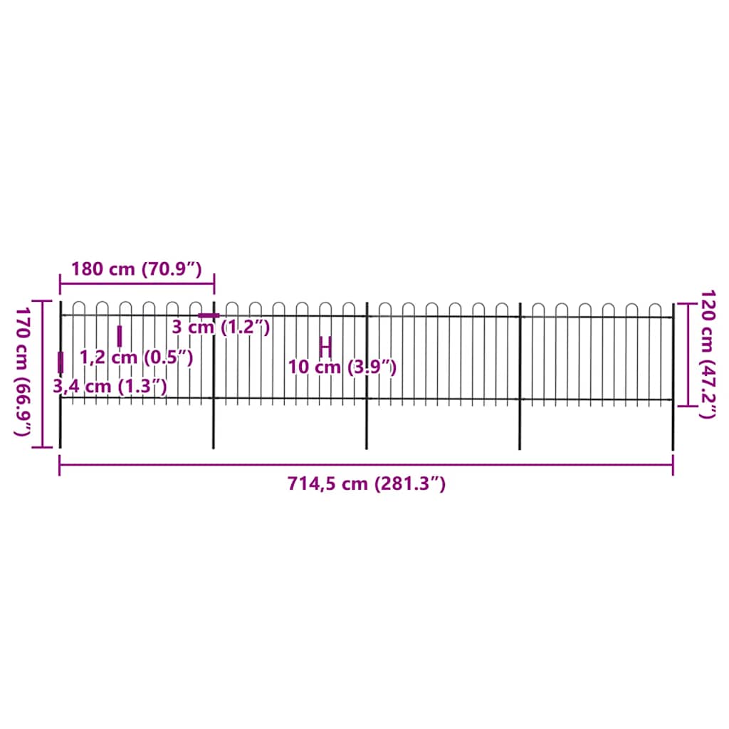 Recinzione da Giardino in Acciaio con Parte Superiore ad Anello 714,5x120 cm Nero