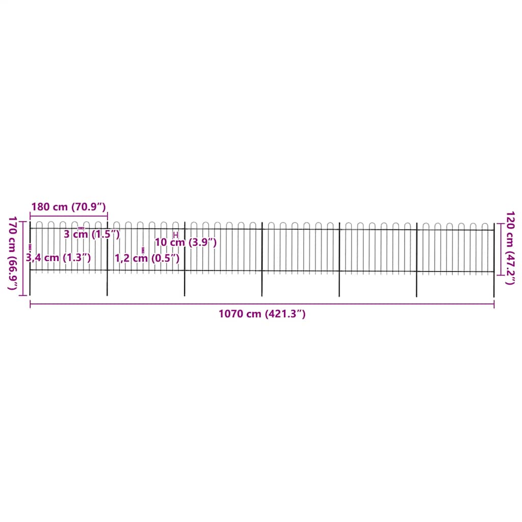 Recinzione da Giardino in Acciaio con Parte Superiore ad Anello 1070x120 cm Nera