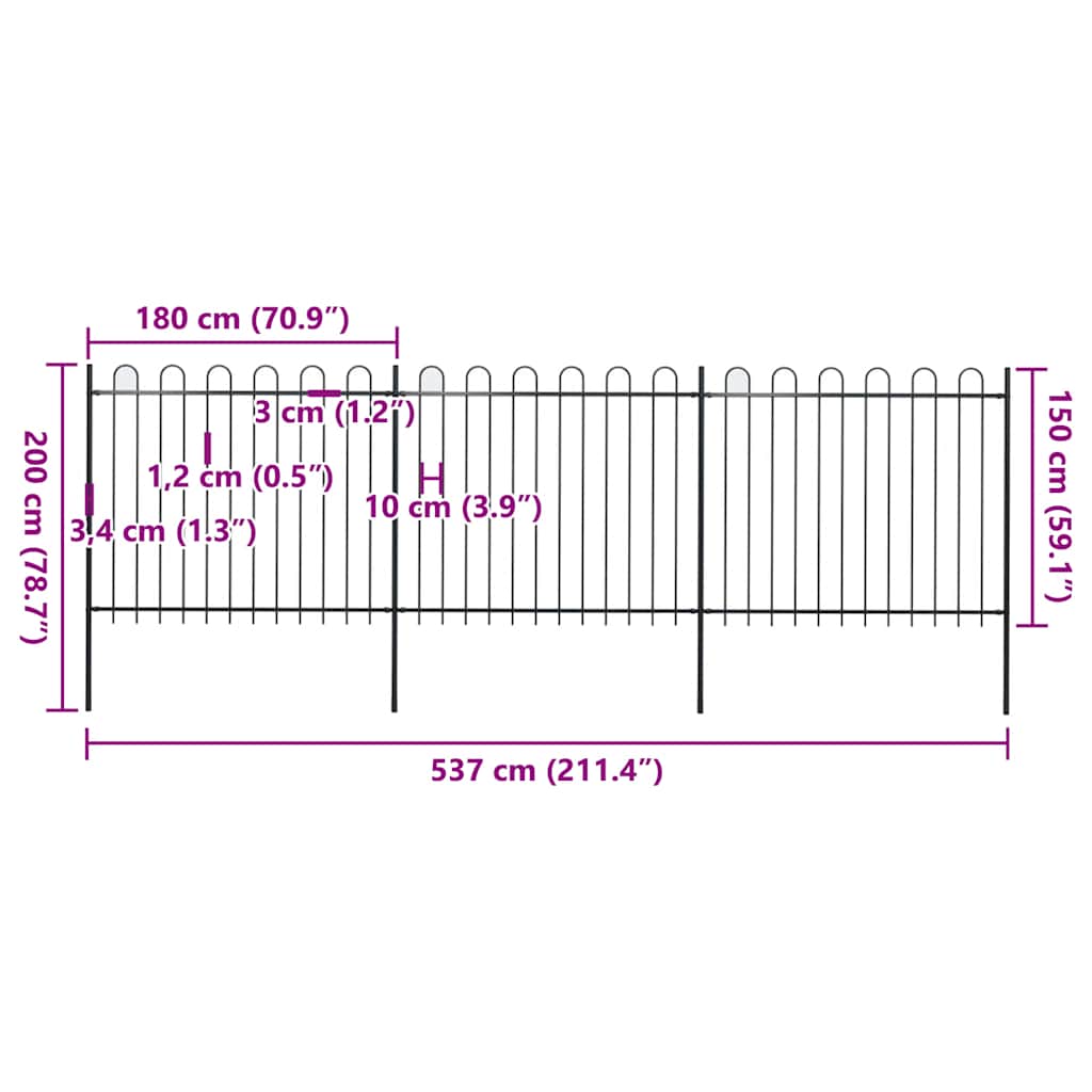 Recinzione da Giardino in Acciaio con Punte Tonde 537x150 cm Nera