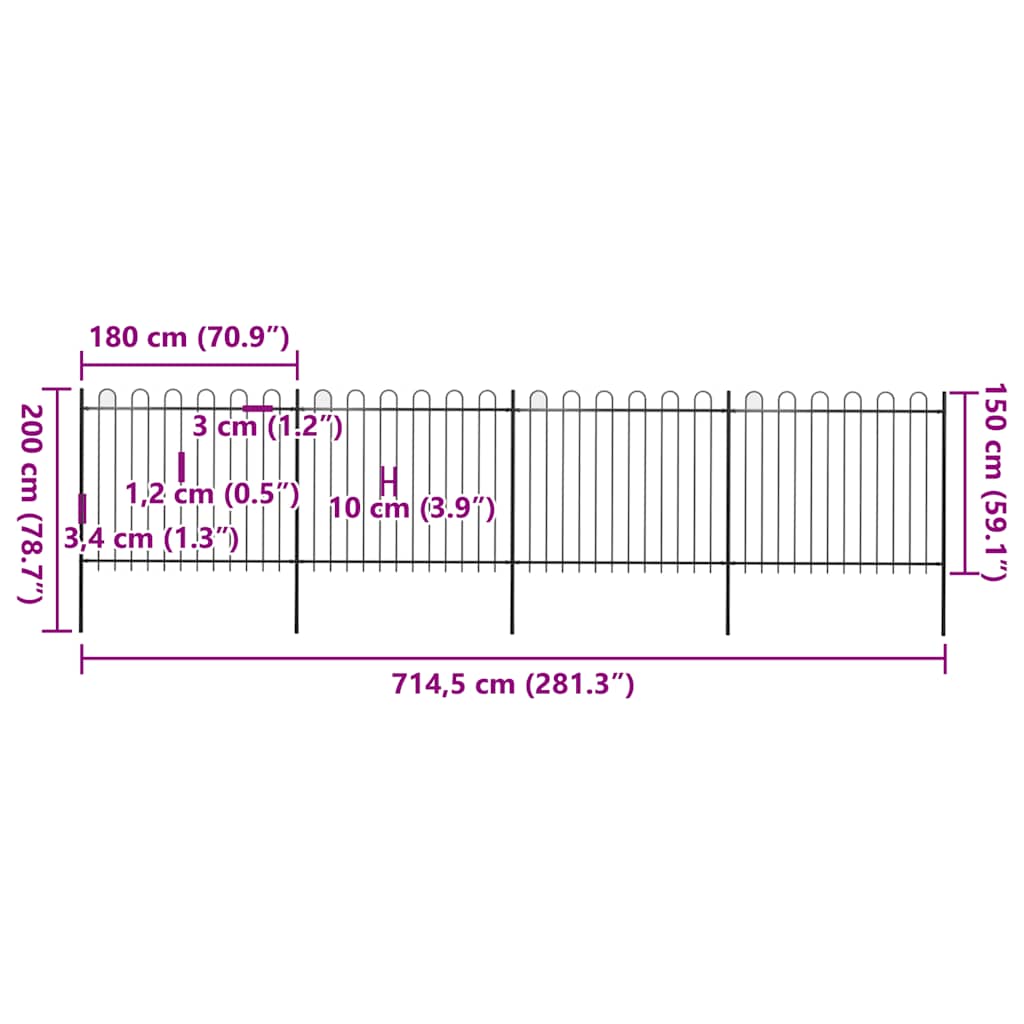 Recinzione da Giardino in Acciaio con Parte Superiore ad Anello 714,5x150 cm Nero