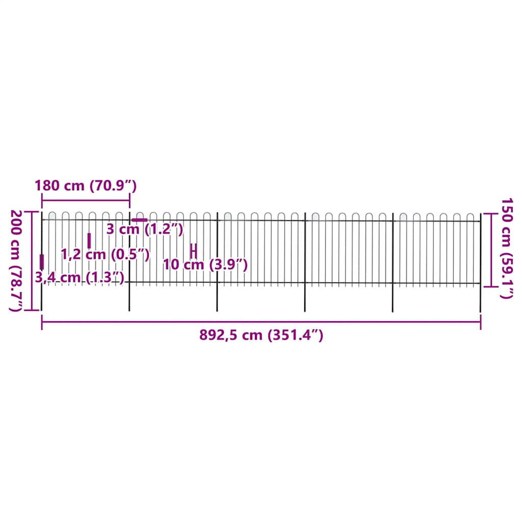 Recinzione da Giardino in Acciaio con Punte a Cerchio 892,5x150 cm Nero