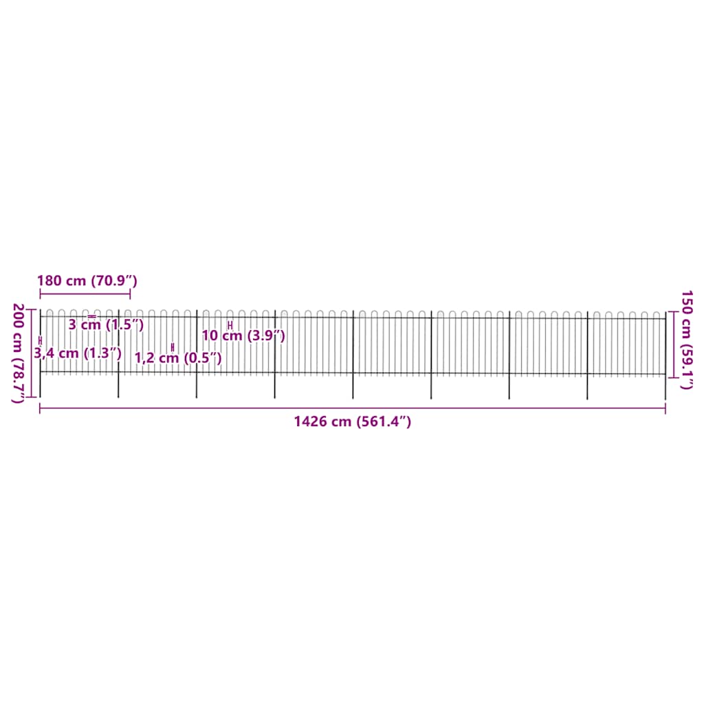 Recinzione da Giardino in Acciaio con Parte Superiore ad Anello 1426x150 cm Nera