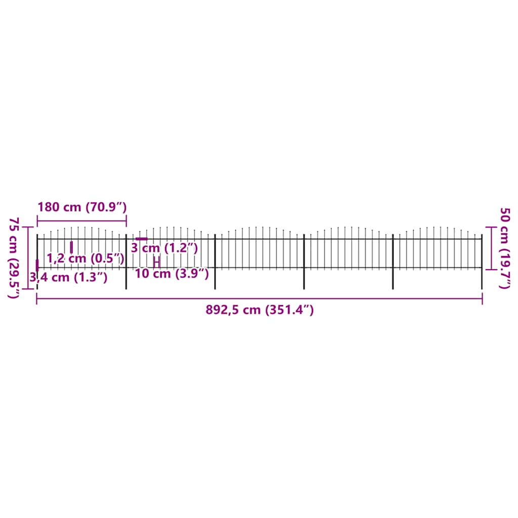 Recinzione da Giardino con Punta a Lancia in Acciaio 892,5x75 cm Nero