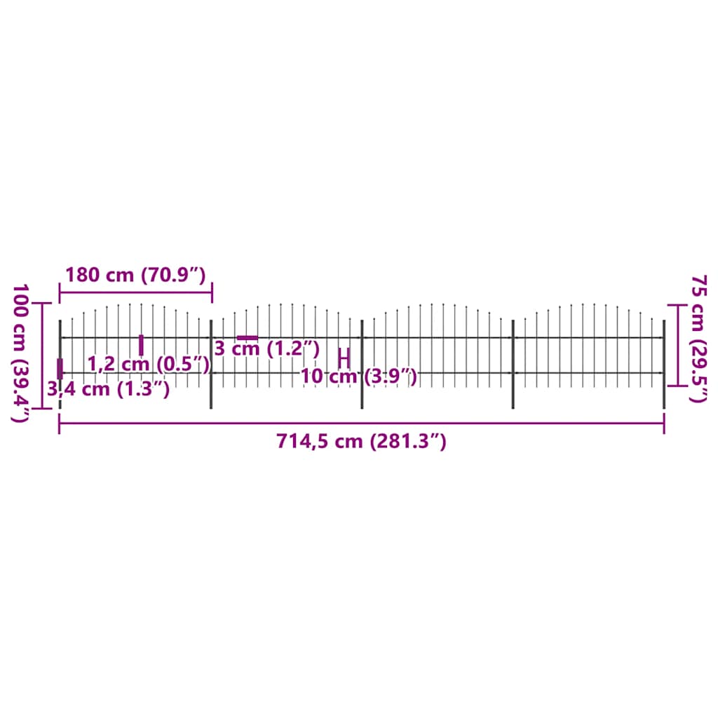 Recinzione da Giardino con Punta a Lancia in Acciaio 714,5x100 cm Nero