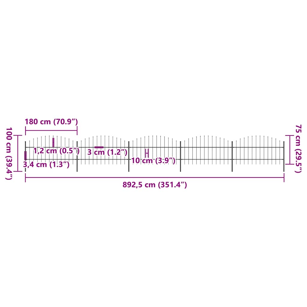 Recinzione da Giardino con Punta a Lancia in Acciaio 892,5x100 cm Nero