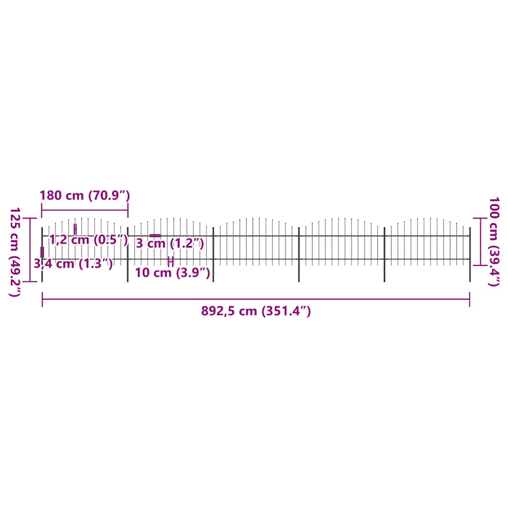 Recinzione da Giardino con Punta a Lancia in Acciaio 892,5x125 cm Nero