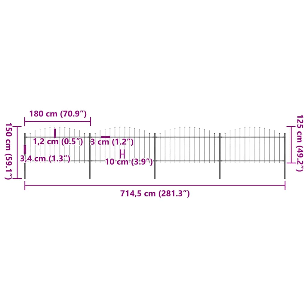 Recinzione da Giardino con Punta a Lancia in Acciaio 714,5x150 cm Nero