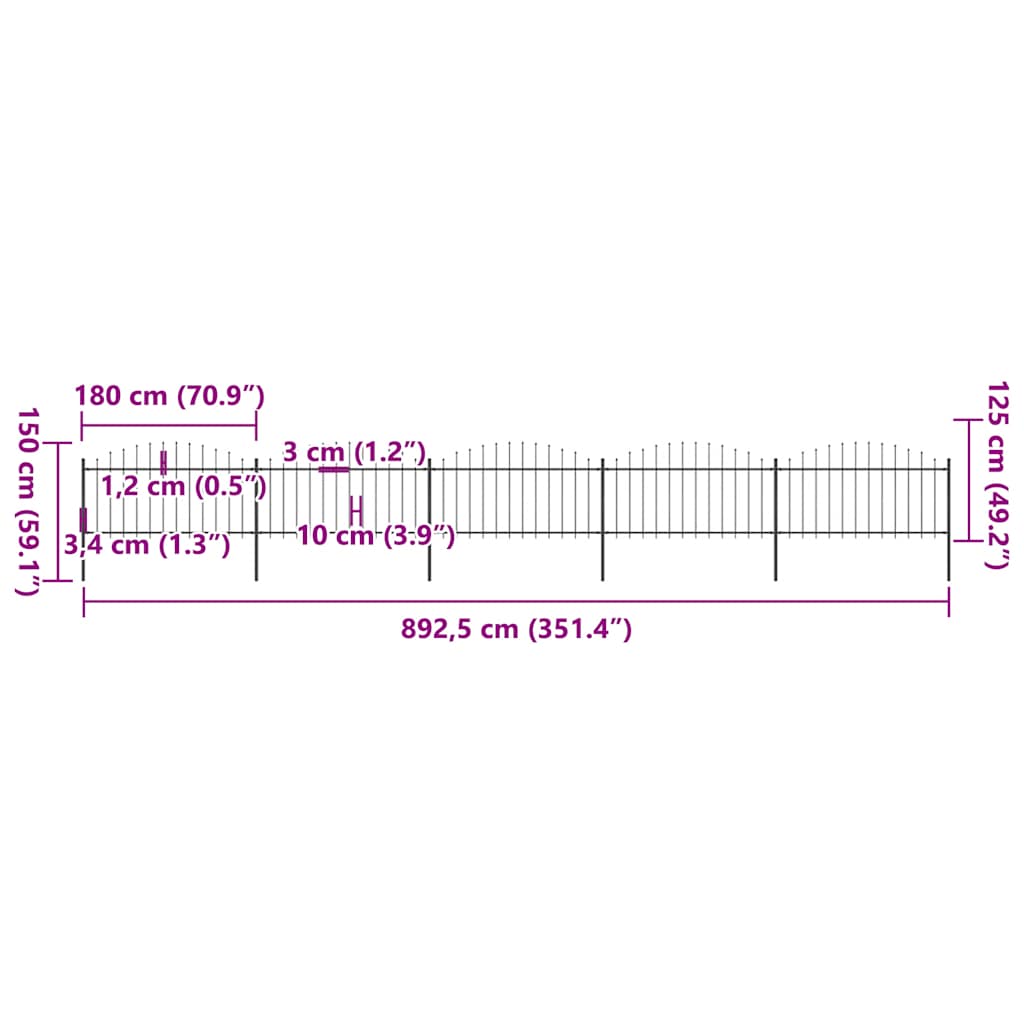 Recinzione da Giardino con Punta a Lancia in Acciaio 892,5x150 cm Nero