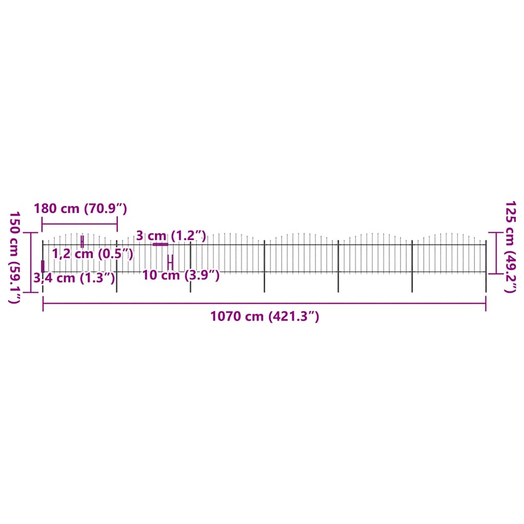 Recinzione da Giardino con Punta a Lancia in Acciaio 1070x150 cm Nero