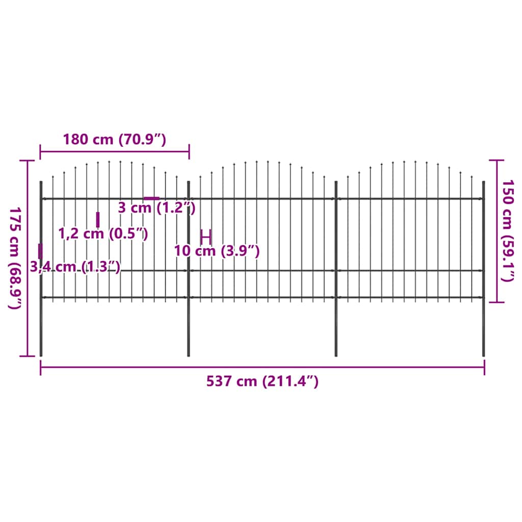 Recinzione da Giardino con Punta a Lancia in Acciaio 537x175 cm Nero