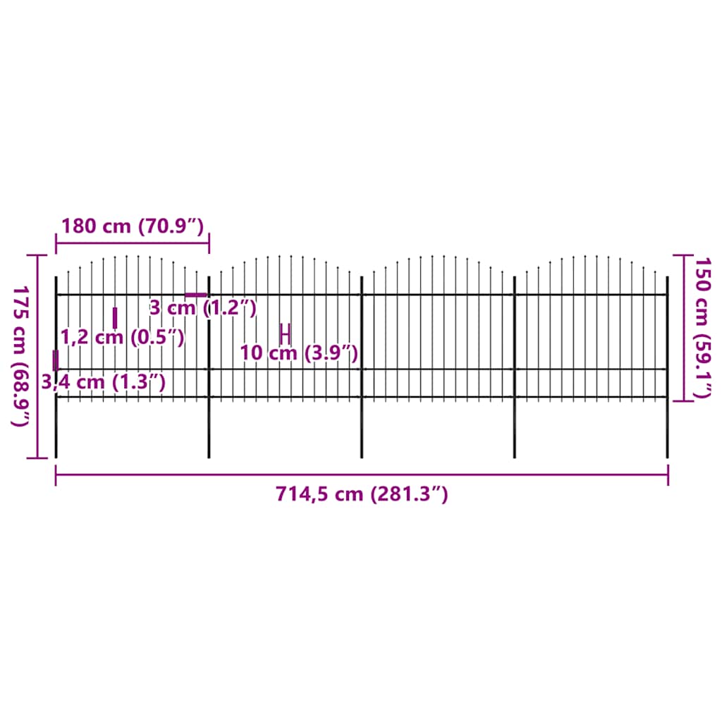 Recinzione da Giardino con Punta a Lancia in Acciaio 714,5x175 cm Nero