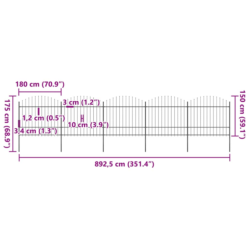 Recinzione da Giardino con Punta a Lancia in Acciaio 892,5x175 cm Nero