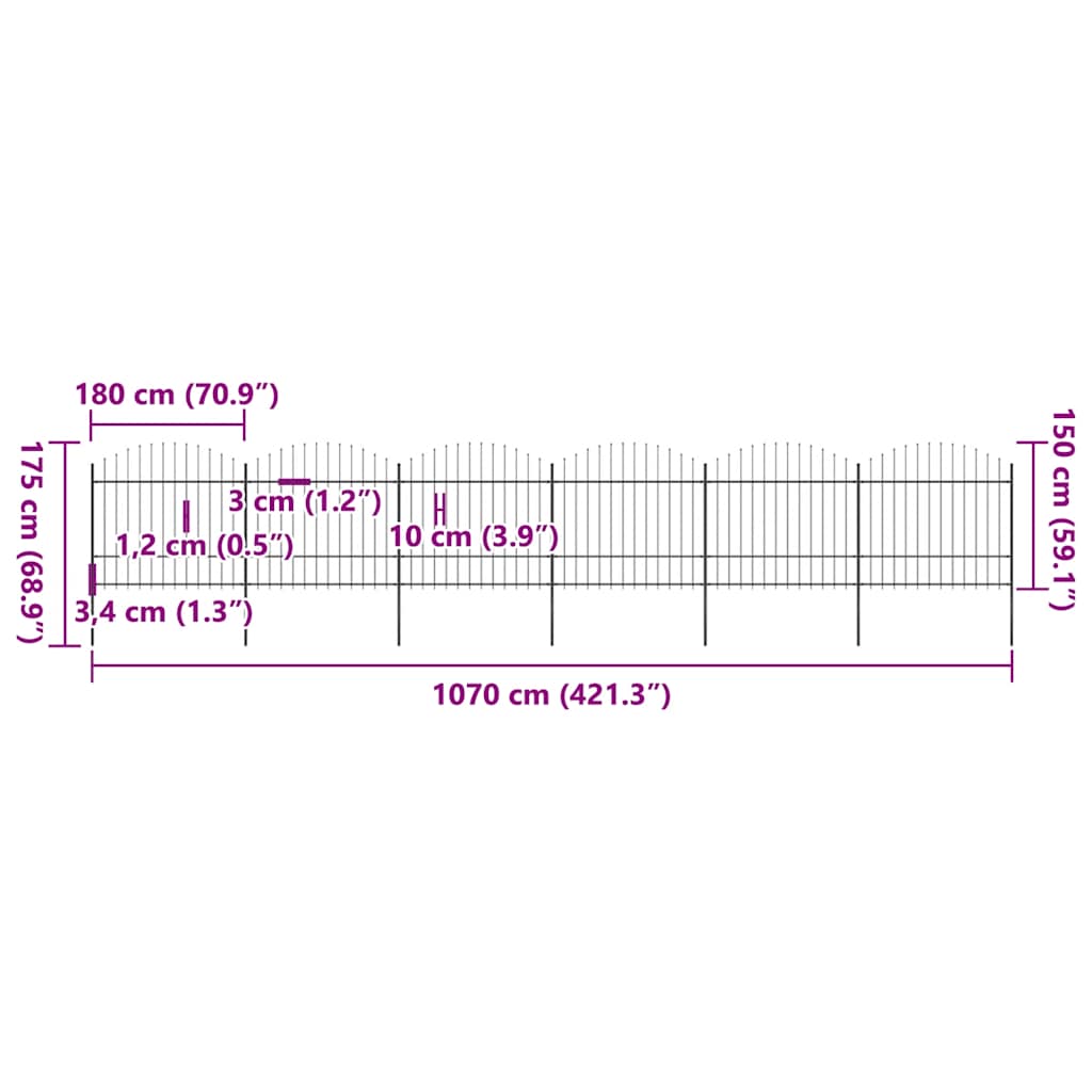 Recinzione da Giardino con Punta a Lancia in Acciaio 1070x175 cm Nero
