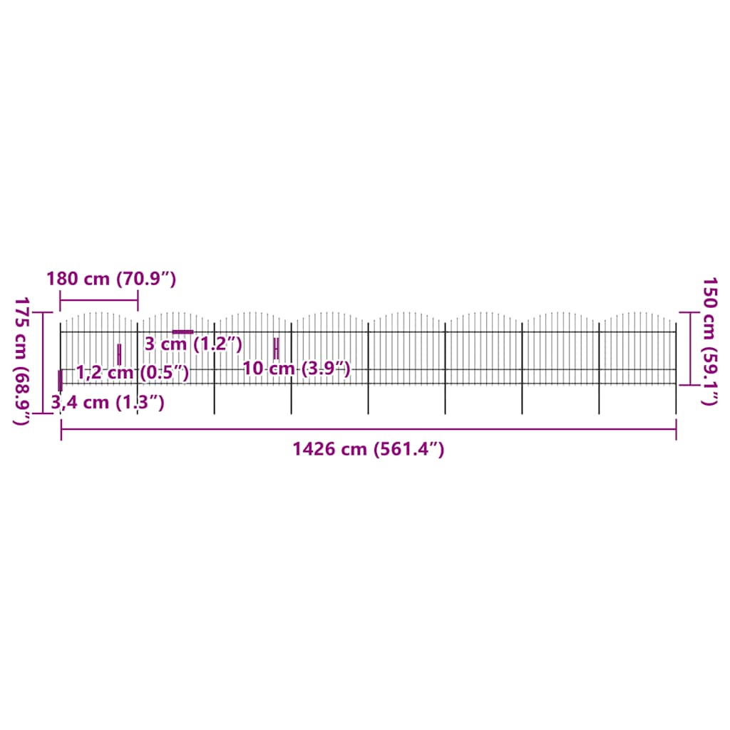 Recinzione da Giardino con Punta a Lancia in Acciaio 1426x175 cm Nera