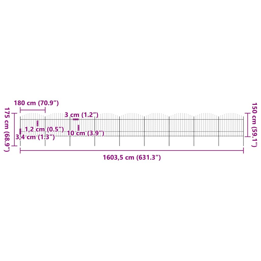 Recinzione da Giardino con Punta a Lancia in Acciaio 1603,5x175 cm Nero
