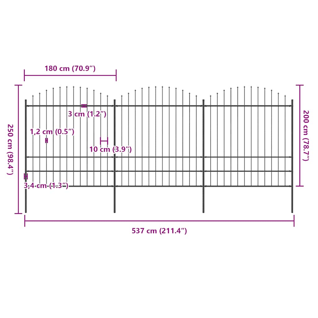 Recinzione da Giardino con Punta a Lancia in Acciaio 537x200 cm Nero