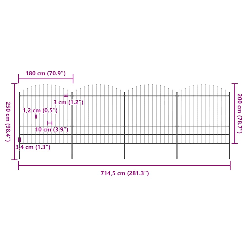 Recinzione da Giardino con Punta a Lancia in Acciaio 714,5x200 cm Nero