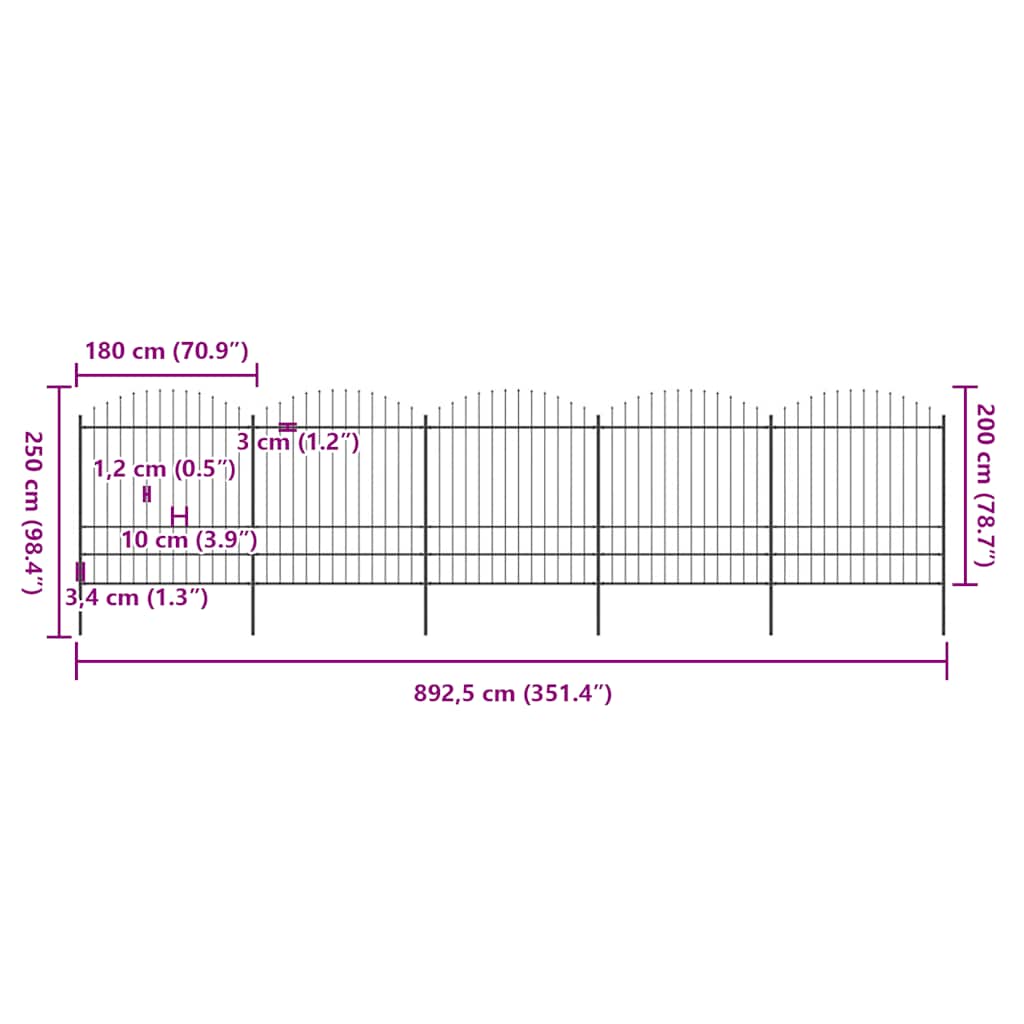 Recinzione da Giardino con Punta a Lancia in Acciaio 892,5x200 cm Nero